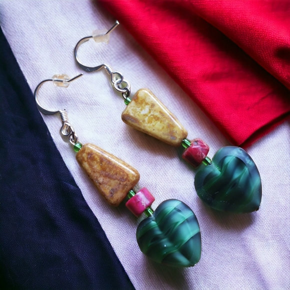 Green & Tan Beaded Heart Handcrafted Earrings - Picture 6 of 6